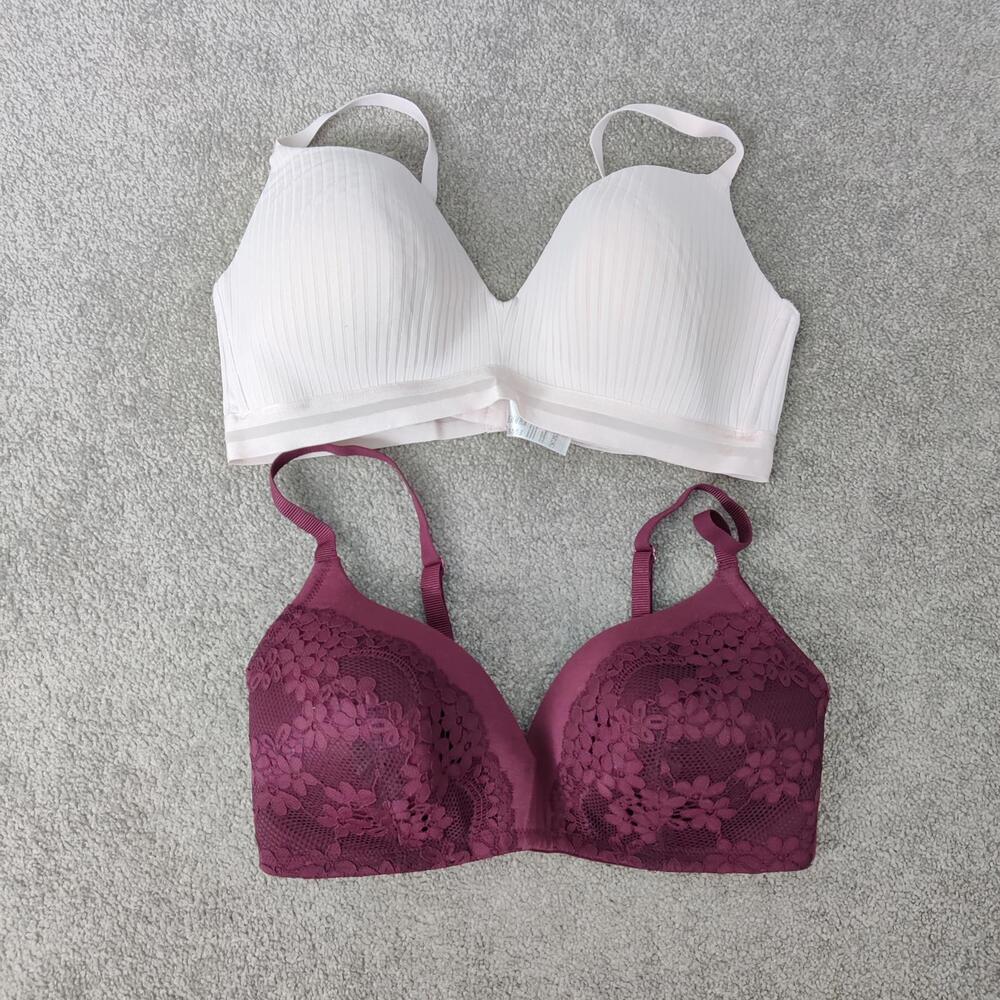 Women's Burgundy and White/Pink Bra Set of Two Size 38C